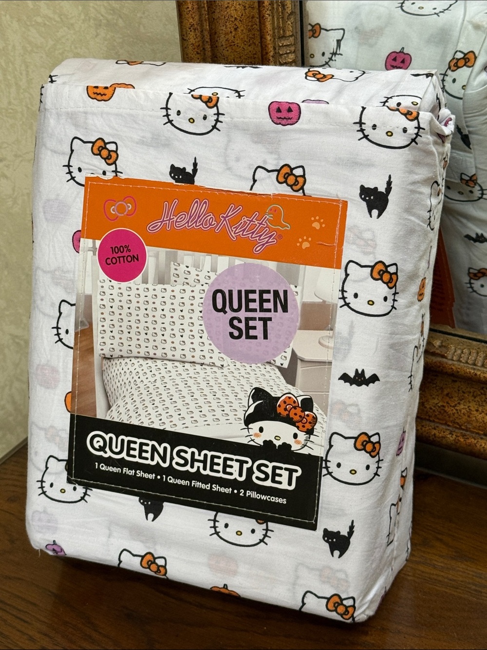 Hello Kitty Halloween Queen Sheet Set – White with Orange & Pink/purple Accents.